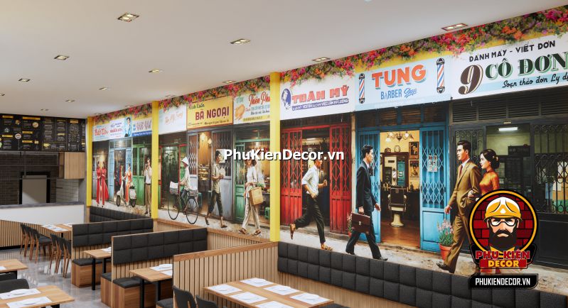 Ý tưởng thiết kế quán ăn Sài Gòn xưa Tranh về quán ăn Sài Gòn xưa, thể hiện không gian quán ăn truyền thống với bàn ghế gỗ và không gian sống động của phố Sài Gòn.