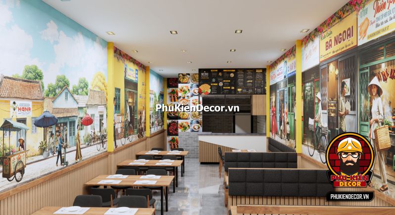 Ý tưởng thiết kế quán ăn Sài Gòn xưa Tranh về quán ăn Sài Gòn xưa, thể hiện không gian quán ăn truyền thống với bàn ghế gỗ và không gian sống động của phố Sài Gòn.