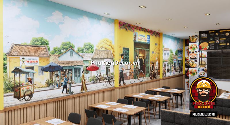 Hướng dẫn trang trí quán phở Sài Gòn xưa Setup quán ăn phở Sài Gòn với không gian cổ điển, sử dụng tranh treo tường và ánh sáng vàng nhẹ tạo cảm giác ấm áp.