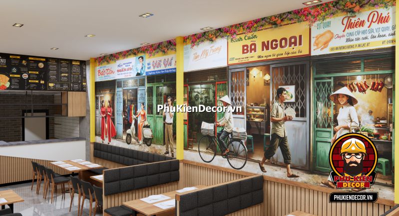 Hướng dẫn trang trí quán Phở Sài Gòn xưa Setup quán ăn phở Sài Gòn với không gian cổ điển, sử dụng tranh treo tường và ánh sáng vàng nhẹ tạo cảm giác ấm áp.
