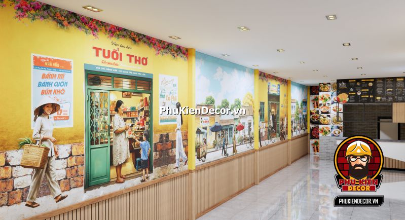 Hướng dẫn trang trí quán Phở Sài Gòn xưa Setup quán ăn phở Sài Gòn với không gian cổ điển, sử dụng tranh treo tường và ánh sáng vàng nhẹ tạo cảm giác ấm áp.