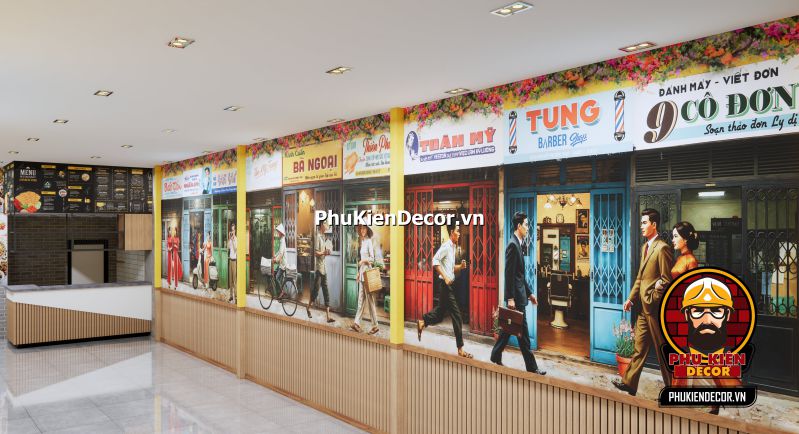 Ý tưởng thiết kế quán ăn Sài Gòn xưa Tranh về quán ăn Sài Gòn xưa, thể hiện không gian quán ăn truyền thống với bàn ghế gỗ và không gian sống động của phố Sài Gòn.