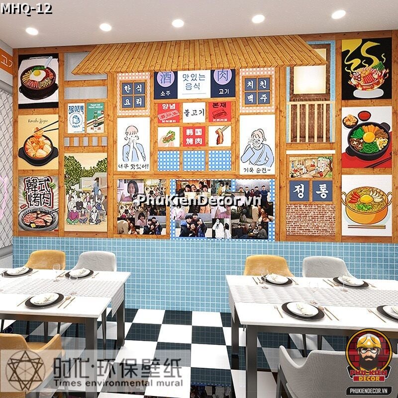 Trang trí Quán Ăn Hàn Quốc đơn giản bình dân bằng tranh dán tường 3D Trang trí Quán Ăn Hàn Quốc đơn giản bình dân bằng tranh dán tường 3D