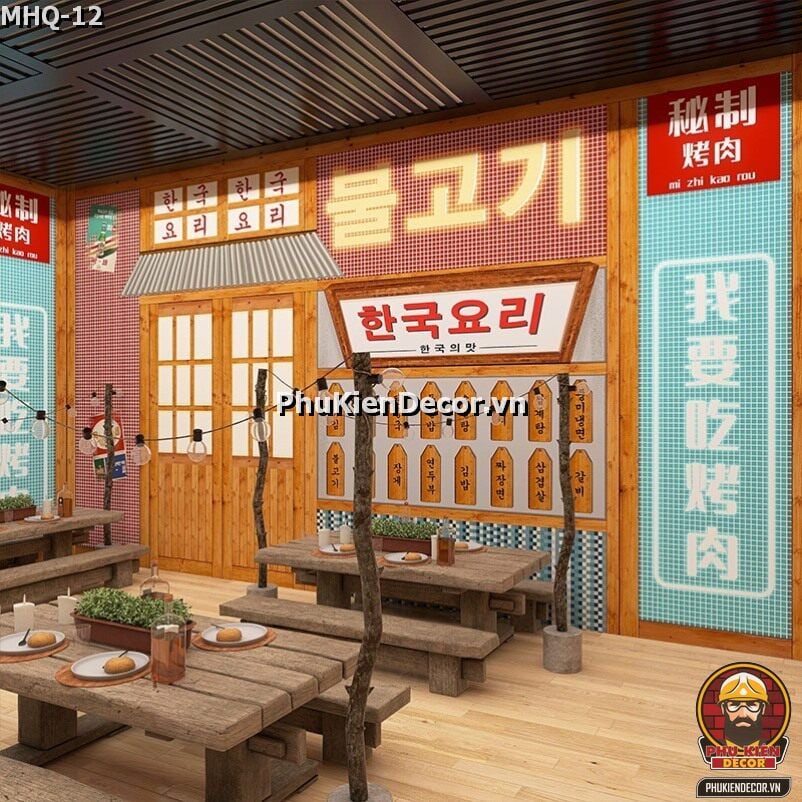 Trang trí Quán Ăn Hàn Quốc đơn giản bình dân bằng tranh dán tường 3D Trang trí Quán Ăn Hàn Quốc đơn giản bình dân bằng tranh dán tường 3D