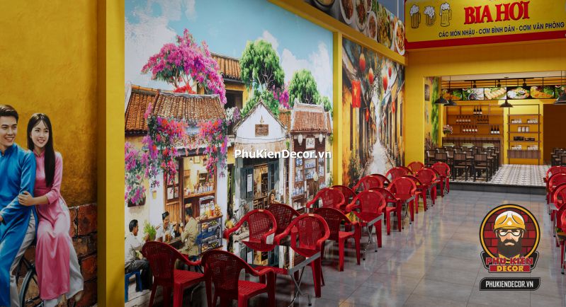 Trang trí quán bia hơi phong cách Hà Nội xưa Hình ảnh quán bia hơi Hà Nội xưa được trang trí bằng gạch hoa, đèn măng xông, và ảnh đen trắng Hà Nội cổ.