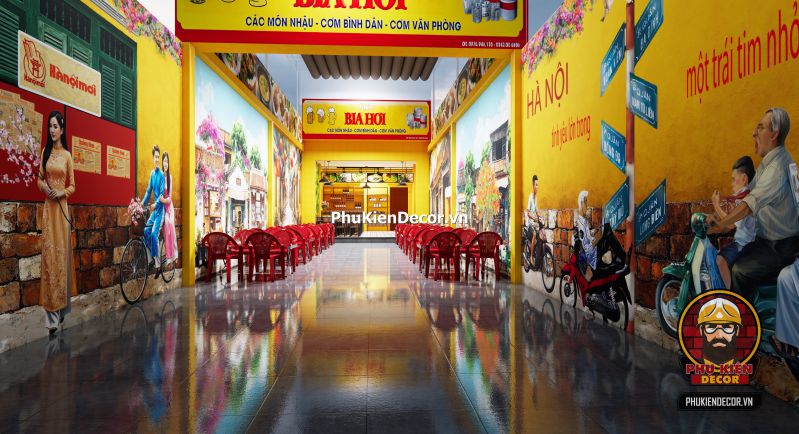 Trang trí quán bia hơi phong cách Hà Nội xưa Hình ảnh quán bia hơi Hà Nội xưa được trang trí bằng gạch hoa, đèn măng xông, và ảnh đen trắng Hà Nội cổ.