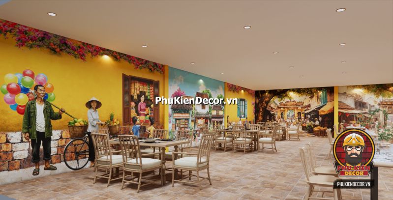 Trang trí quán mang đậm nét Hà Nội Hình ảnh tranh phố cổ Hà Nội được treo trong quán, tái hiện không khí thanh bình và hoài cổ.