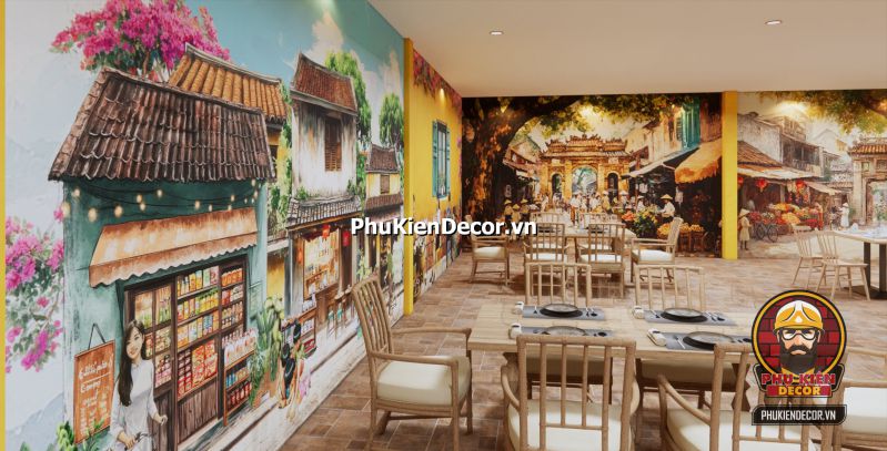 Trang trí quán mang đậm nét Hà Nội Hình ảnh tranh phố cổ Hà Nội được treo trong quán, tái hiện không khí thanh bình và hoài cổ.