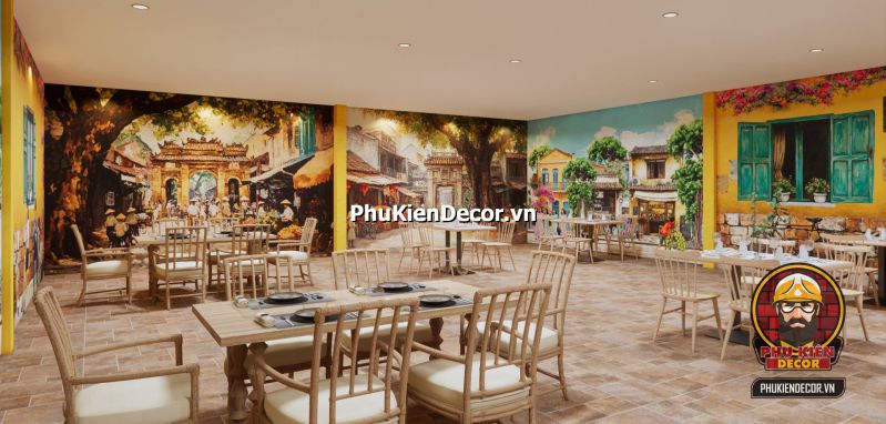 Trang trí quán mang đậm nét Hà Nội Hình ảnh tranh phố cổ Hà Nội được treo trong quán, tái hiện không khí thanh bình và hoài cổ.