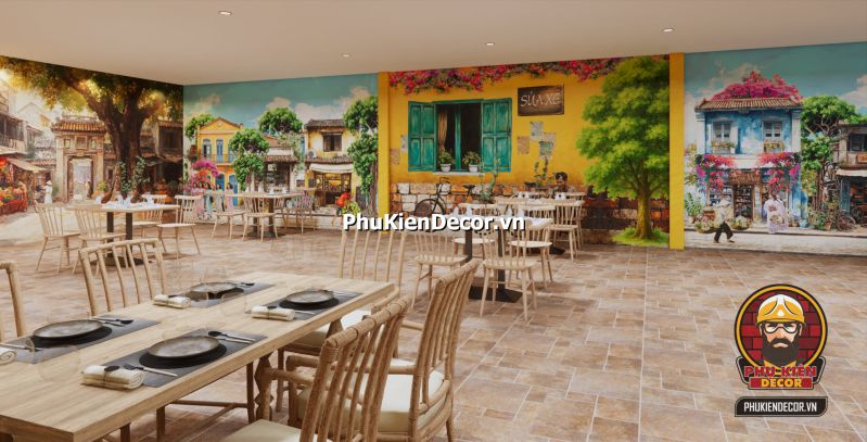 Trang trí quán mang đậm nét Hà Nội Hình ảnh tranh phố cổ Hà Nội được treo trong quán, tái hiện không khí thanh bình và hoài cổ.