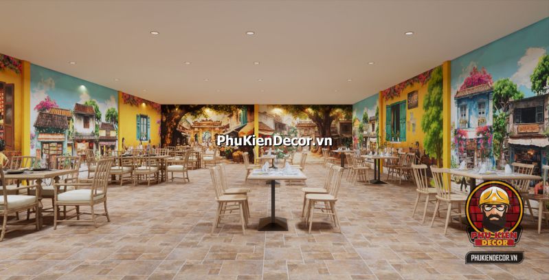 Trang trí quán mang đậm nét Hà Nội Hình ảnh tranh phố cổ Hà Nội được treo trong quán, tái hiện không khí thanh bình và hoài cổ.