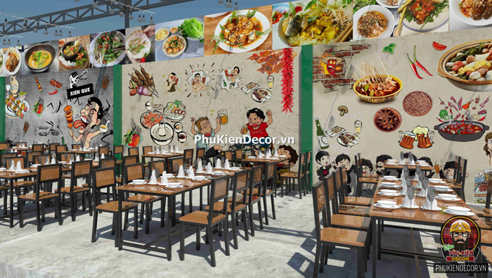 Trang trí quán Lẩu nướng Xiên que bằng Tranh dán tường 3D độc đáo Trang trí quán Lẩu nướng Xiên que bằng Tranh dán tường 3D độc đáo