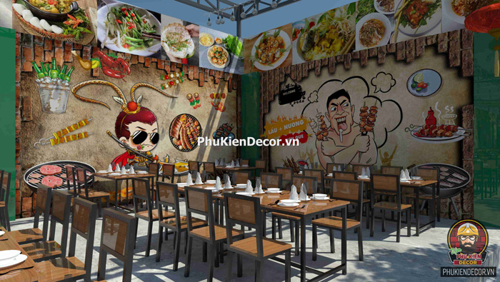 Trang trí quán Lẩu nướng Xiên que bằng Tranh dán tường 3D độc đáo Trang trí quán Lẩu nướng Xiên que bằng Tranh dán tường 3D độc đáo