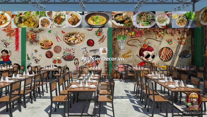 Trang trí quán Lẩu nướng Xiên que bằng Tranh dán tường 3D độc đáo Trang trí quán Lẩu nướng Xiên que bằng Tranh dán tường 3D độc đáo