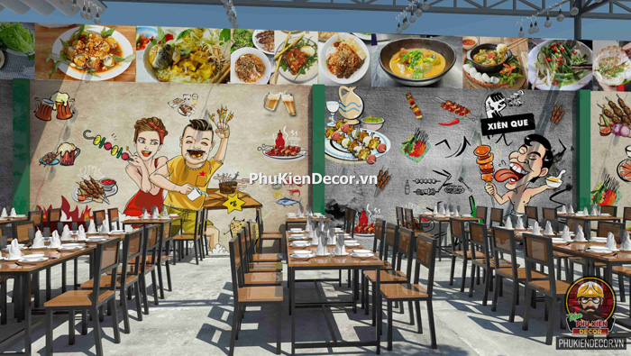 Trang trí quán Lẩu nướng Xiên que bằng Tranh dán tường 3D độc đáo Trang trí quán Lẩu nướng Xiên que bằng Tranh dán tường 3D độc đáo