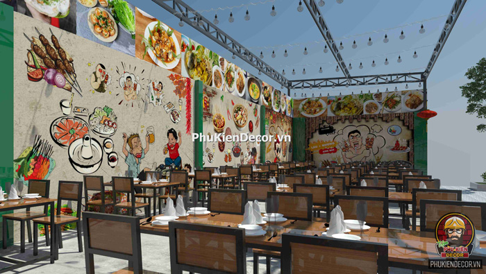 Trang trí quán Lẩu nướng Xiên que bằng Tranh dán tường 3D độc đáo Trang trí quán Lẩu nướng Xiên que bằng Tranh dán tường 3D độc đáo