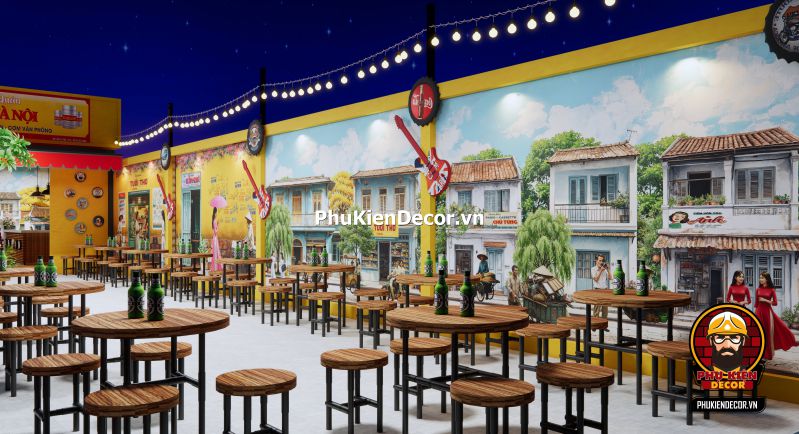 Cách decor quán ăn vỉa hè Sài Gòn Tranh vẽ cảnh ăn phở vỉa hè Sài Gòn, khung cảnh người dân ngồi ăn uống ngoài đường phố.