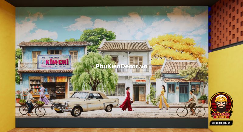 Cách decor quán ăn vỉa hè Sài Gòn Tranh vẽ cảnh ăn phở vỉa hè Sài Gòn, khung cảnh người dân ngồi ăn uống ngoài đường phố.