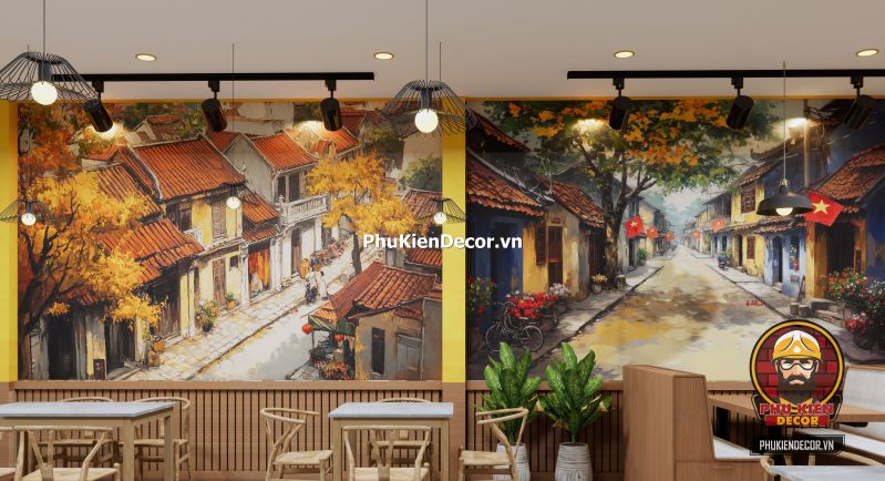 Trang trí quán phong cách Hà Nội cổ điển Không gian quán ăn mang phong cách Hà Nội cổ điển, sử dụng tone màu vàng ấm, bàn ghế gỗ và ảnh tư liệu xưa.