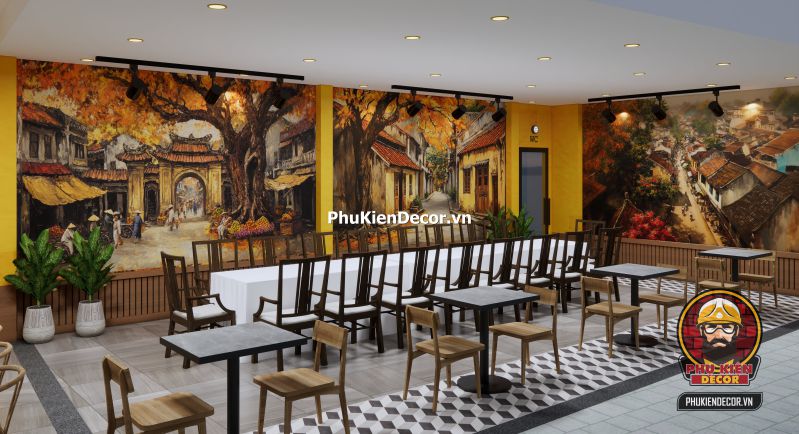 Trang trí quán phong cách Hà Nội cổ điển Không gian quán ăn mang phong cách Hà Nội cổ điển, sử dụng tone màu vàng ấm, bàn ghế gỗ và ảnh tư liệu xưa.