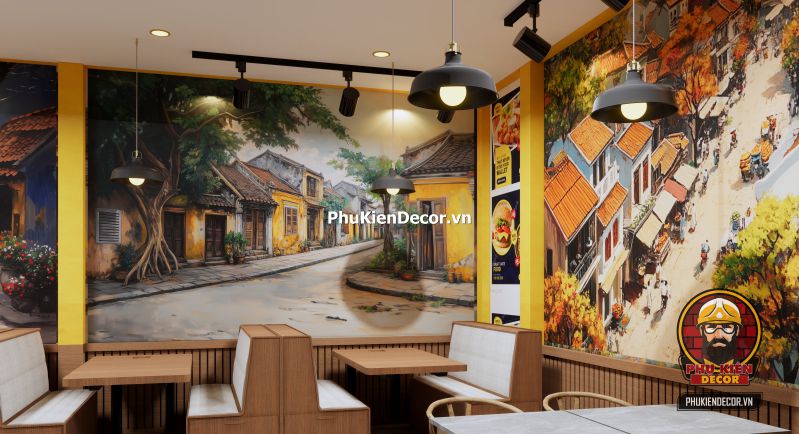 Trang trí quán phong cách Hà Nội cổ điển Không gian quán ăn mang phong cách Hà Nội cổ điển, sử dụng tone màu vàng ấm, bàn ghế gỗ và ảnh tư liệu xưa.