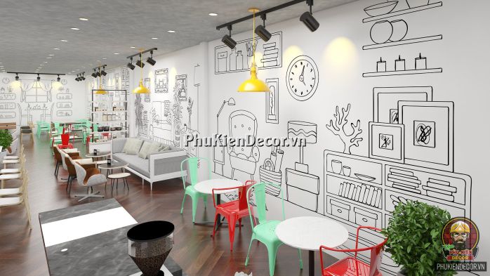 Trang trí quán Trà sữa - Văn phòng phong cách Truyện tranh 3D Trang trí quán Trà sữa - Văn phòng phong cách Truyện tranh 3D
