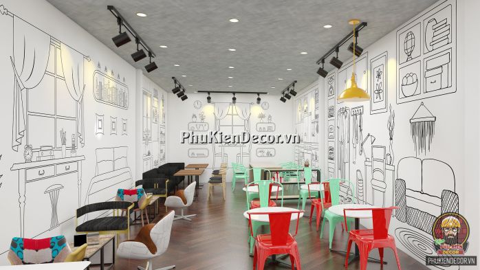 Trang trí quán Trà sữa - Văn phòng phong cách Truyện tranh 3D Trang trí quán Trà sữa - Văn phòng phong cách Truyện tranh 3D