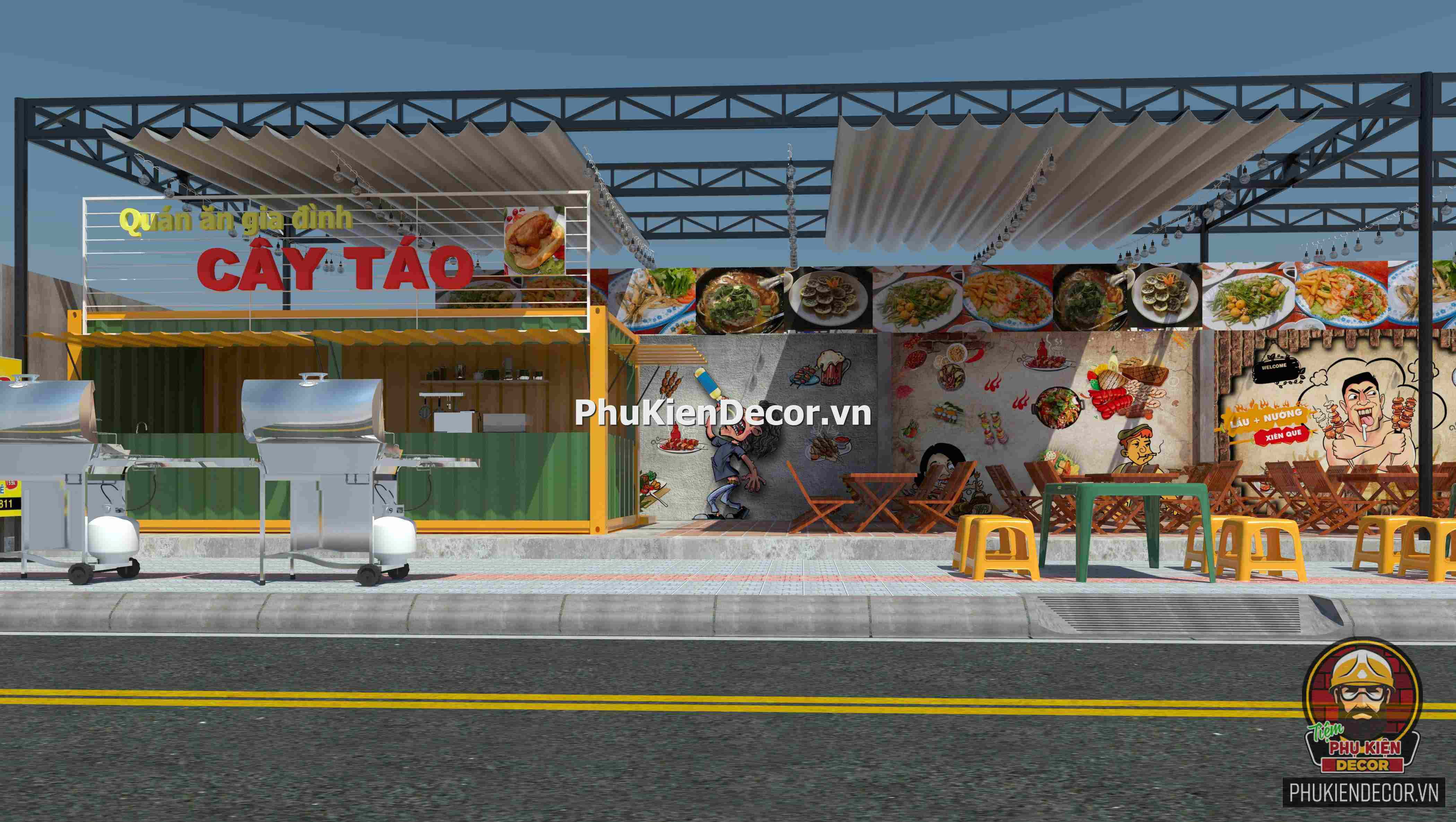 Tranh 3D dán tường trang trí quán Lẩu Nướng Xiên Que có mái che ngoài trời Tranh 3D dán tường trang trí quán Lẩu Nướng Xiên Que có mái che ngoài trời