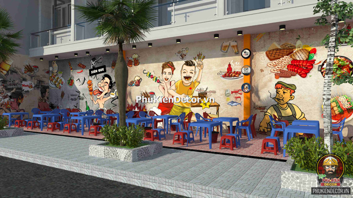Tranh 3D độc đáo dán tường trang trí quán Lẩu Nướng trẻ trung, độc đáo Tranh 3D độc đáo dán tường trang trí quán Lẩu Nướng trẻ trung, độc đáo