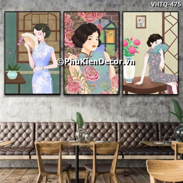 Tranh cô gái đương đại yêu kiều, quyến rũ trong bộ sườn xám truyền thống của Trung Quốc Tranh cô gái đương đại yêu kiều, quyến rũ trong bộ sườn xám truyền thống của Trung Quốc