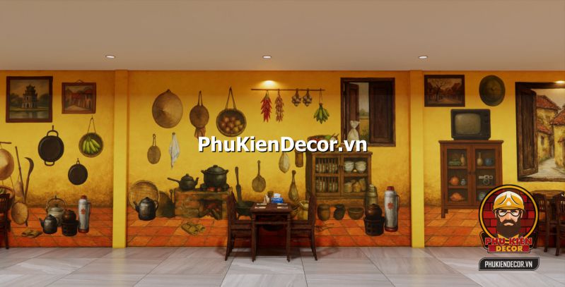Tranh cuộc sống sinh hoạt Hà Nội xưa Thiết kế nội thất quán ăn miền Bắc với vật liệu mộc mạc, bức tranh cổ và ánh sáng vàng nhẹ.