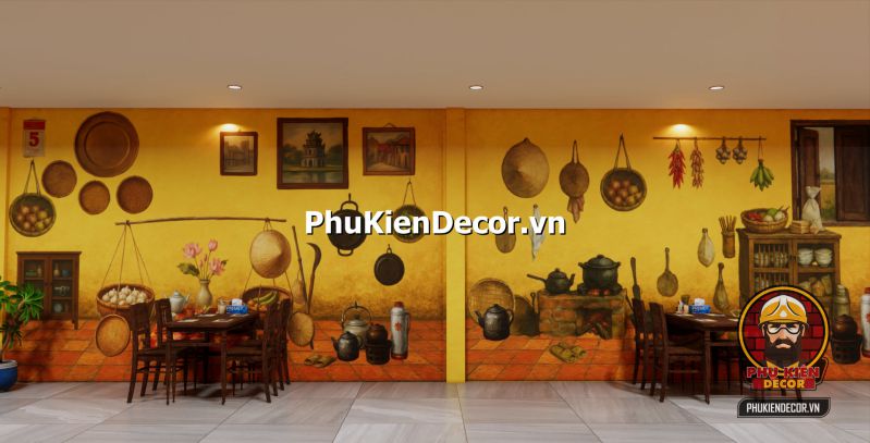 Tranh cuộc sống sinh hoạt Hà Nội xưa Thiết kế nội thất quán ăn miền Bắc với vật liệu mộc mạc, bức tranh cổ và ánh sáng vàng nhẹ.