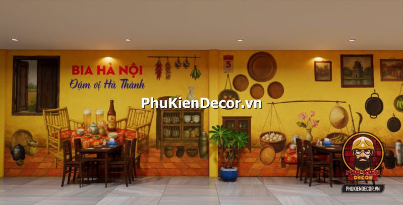 Tranh cuộc sống sinh hoạt Hà Nội xưa Thiết kế nội thất quán ăn miền Bắc với vật liệu mộc mạc, bức tranh cổ và ánh sáng vàng nhẹ.