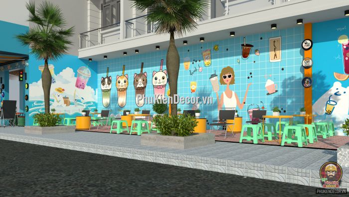Tranh dán tường 3D quán Ăn vặt, Trà sữa tuổi Teen Tranh dán tường 3D quán Ăn vặt, Trà sữa tuổi Teen