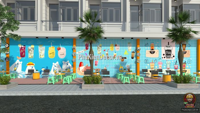 Tranh dán tường 3D quán Ăn vặt, Trà sữa tuổi Teen Tranh dán tường 3D quán Ăn vặt, Trà sữa tuổi Teen