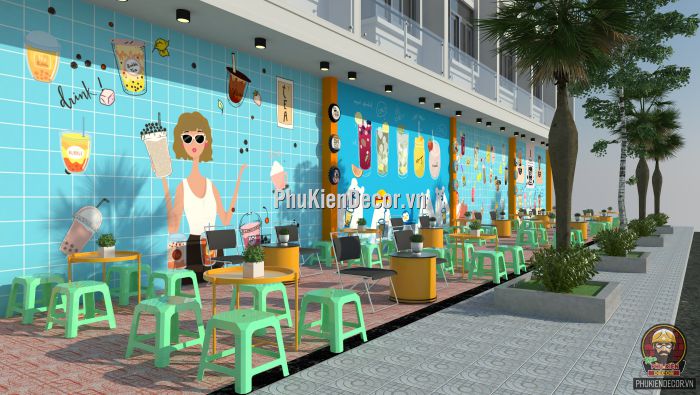 Tranh dán tường 3D quán Ăn vặt, Trà sữa tuổi Teen Tranh dán tường 3D quán Ăn vặt, Trà sữa tuổi Teen