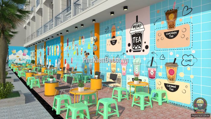 Tranh dán tường 3D quán Ăn vặt, Trà sữa tuổi Teen Tranh dán tường 3D quán Ăn vặt, Trà sữa tuổi Teen