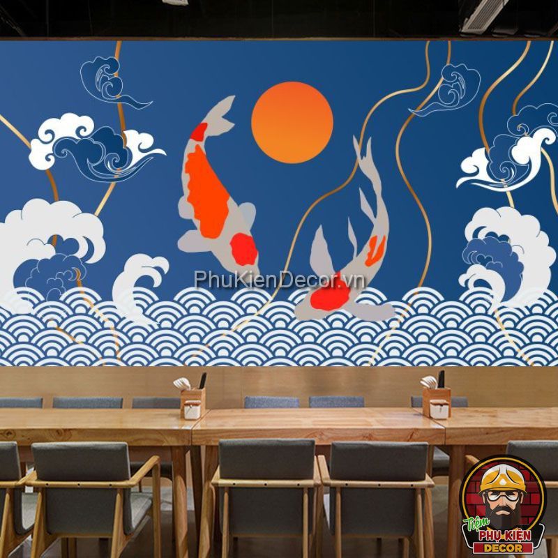 Tranh dán tường 3D cá Koi phong cách Nhật Bản Tranh dán tường 3D cá Koi phong cách Nhật Bản