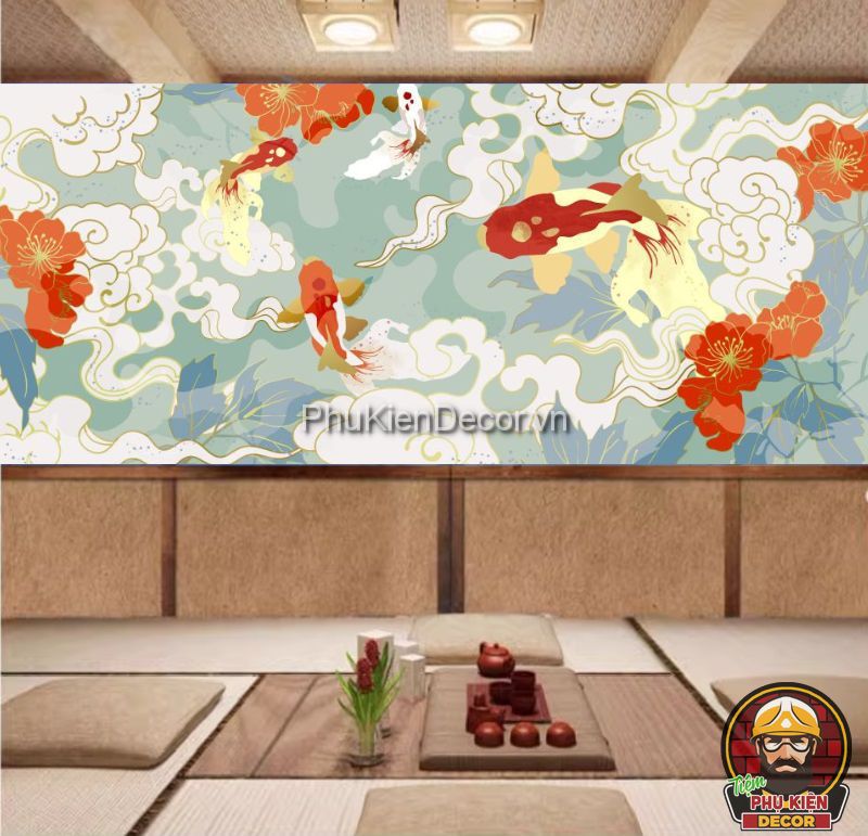 Tranh dán tường 3D cá Koi phong cách Nhật Bản Tranh dán tường 3D cá Koi phong cách Nhật Bản