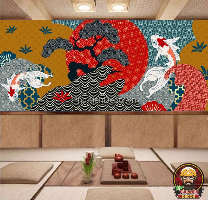 Tranh dán tường 3D cá Koi phong cách Nhật Bản Tranh dán tường 3D cá Koi phong cách Nhật Bản