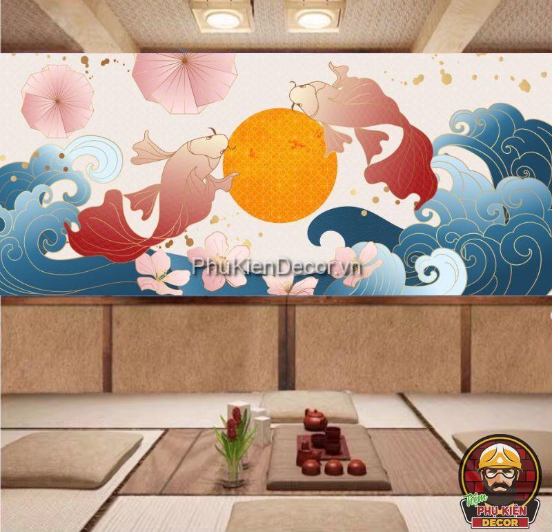 Tranh dán tường 3D cá Koi phong cách Nhật Bản Tranh dán tường 3D cá Koi phong cách Nhật Bản