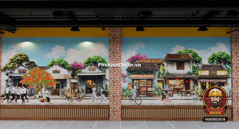 Tổng hợp tranh dán tường toàn cảnh Hà Nội Tranh tổng thể toàn cảnh Hà Nội xưa nhìn từ trên cao, bao gồm hồ Gươm, cầu Long Biên và phố cổ, dùng cho sảnh lớn nhà hàng.