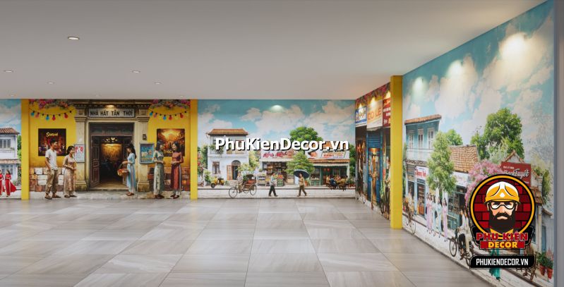 Mẫu thiết kế tranh dán tường Sài Gòn retro Tranh tái hiện cảnh Sài Gòn mùa mưa với xe đạp, áo mưa nilon và mái hiên cũ.