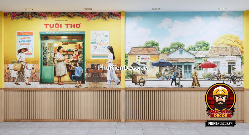 Mẫu tranh dán tường 3D thiết kế quán Tranh dán tường 3D chủ đề hoài niệm, tái hiện hình ảnh đường phố Sài Gòn thập niên 70.
