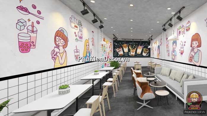 Tranh dán tường 3D chủ đề Trà sữa, dễ thương sang trọng và hiện đại Tranh dán tường 3D chủ đề Trà sữa, dễ thương sang trọng và hiện đại