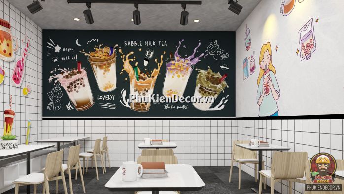 Tranh dán tường 3D chủ đề Trà sữa, dễ thương sang trọng và hiện đại Tranh dán tường 3D chủ đề Trà sữa, dễ thương sang trọng và hiện đại
