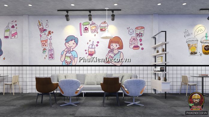 Tranh dán tường 3D chủ đề Trà sữa, dễ thương sang trọng và hiện đại Tranh dán tường 3D chủ đề Trà sữa, dễ thương sang trọng và hiện đại
