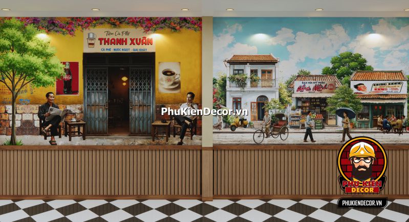 Tranh dán tường 3D trang trí nhà hàng Sài Gòn xưa Trang trí nhà hàng hoài cổ bằng tranh dán tường 3D phong cách Sài Gòn xưa.