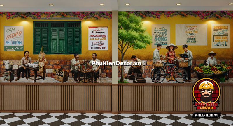 Tranh dán tường 3D trang trí nhà hàng Sài Gòn xưa Trang trí nhà hàng hoài cổ bằng tranh dán tường 3D phong cách Sài Gòn xưa.