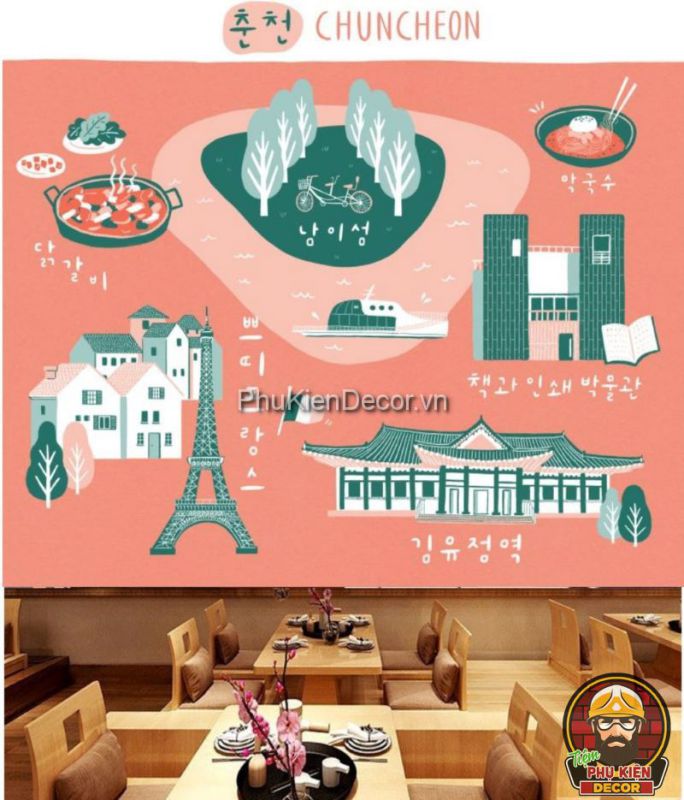 Tranh dán tường 3D địa danh phong cảnh Hàn Quốc sáng tạo, mới mẻ Tranh dán tường 3D địa danh phong cảnh Hàn Quốc sáng tạo, mới mẻ